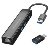DONN07BA - Adaptador de red USB 3.2 Gen 1 Gigabit con concentrador USB de 3 puertos, 3x USB-A, Wake-on-LAN, cable USB C/A 2 en 1