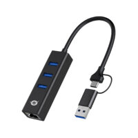 DONN07BA - Adaptador de red USB 3.2 Gen 1 Gigabit con concentrador USB de 3 puertos, 3x USB-A, Wake-on-LAN, cable USB C/A 2 en 1