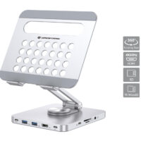 DONN26G - Soporte para tableta con base de conexión USB 3.2 Gen 1 8 en 1, base giratoria 360°, plegable, altura ajustable