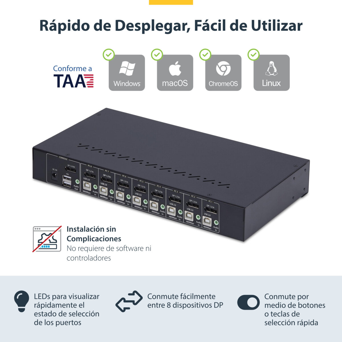 Switch KVM de 8 Puertos DisplayPort 4K 60Hz - 1U para Rack Switch KVM de 8 Puertos DisplayPort 4K 60Hz - 1U para Rack